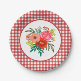 Red Gingham Watercolour Floral Party Paper Plate