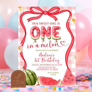 Red Gingham Watermelon Bow Summer Birthday Invitation