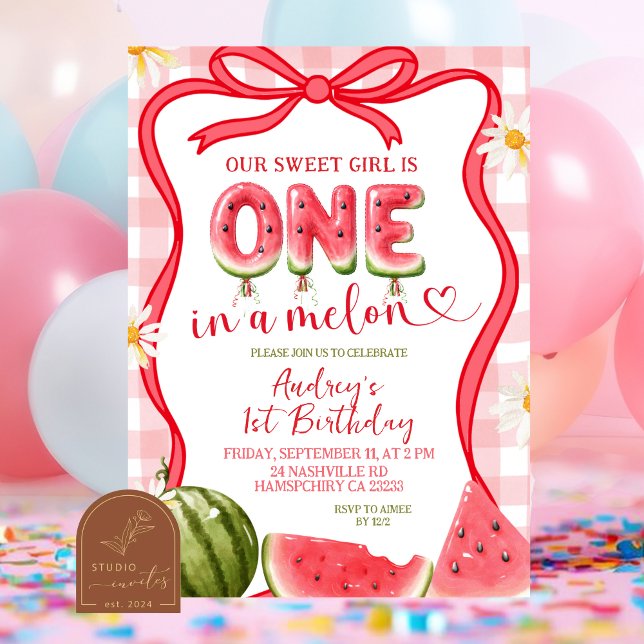 Red Gingham Watermelon Bow Summer Birthday Invitation (Creator Uploaded)
