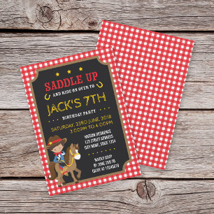 Red Gingham Wild West Tan Cowboy Birthday Invitation