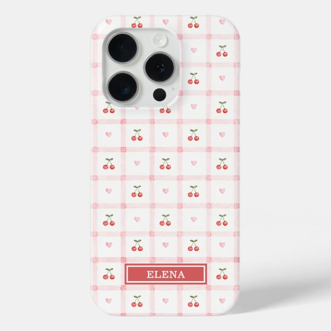 Red Gingham with Cherries and Bows Monogrammed Case-Mate iPhone Case (Back)