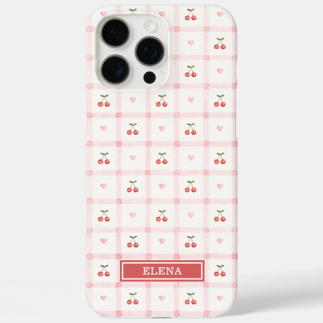 Red Gingham with Cherries and Bows Monogrammed Case-Mate iPhone Case (Back)