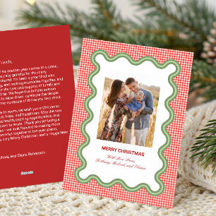 Red Gingham with Wavy Green Border Photo & Letter Holiday Card