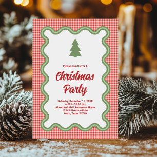 Red Gingham with Wavy Green Border Photo Seasonal Invitation