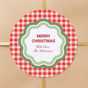 Red Gingham with Wavy Green Frame Personalised Classic Round Sticker