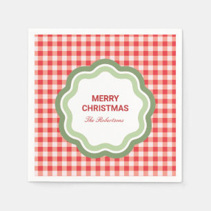 Red Gingham with Wavy Green Frame Personalised Napkin