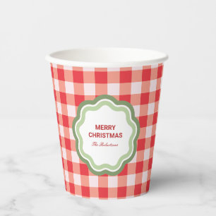 Red Gingham with Wavy Green Frame Personalised Paper Cups