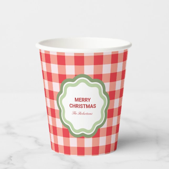 Red Gingham with Wavy Green Frame Personalised Paper Cups (Front)