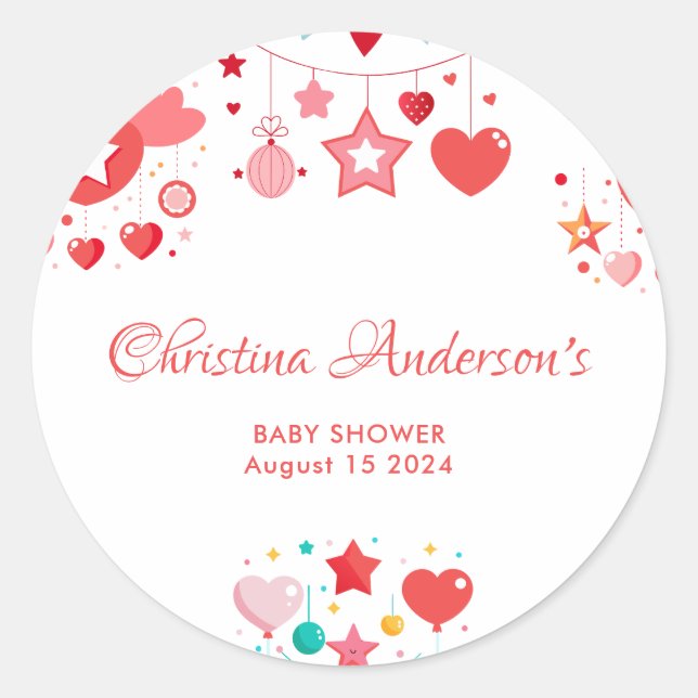 Red Girl Stars Sprinkle Baby Shower Classic Round Sticker (Front)