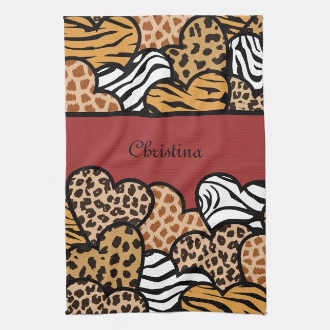 Red Girly animal print hearts with a name Tea Towel (Vertical)