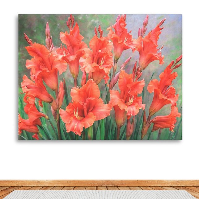 Red Gladiolus Flowers Elegant Floral Garden Blooms Canvas Print (An elegant canvas print of coral red gladioli flowers. Bright and vibrant artwork for the home.)