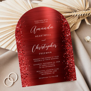 Red Glam Brushed Metal Arch Wedding Invitation