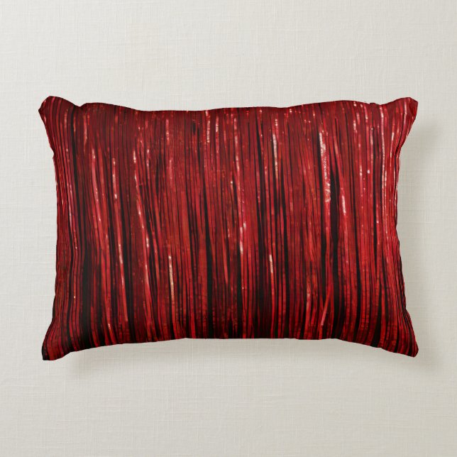 Red Glam Glitzy Tinsel Stripes Decorative Cushion (Front)