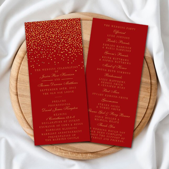 Red & Glam Gold Confetti Wedding Program Programme (Creator Uploaded)