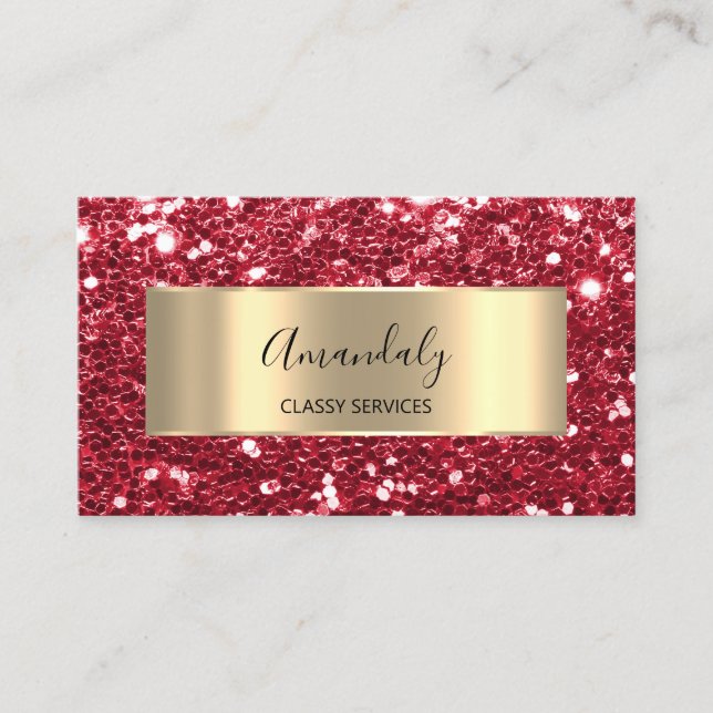 Red Glam Gold Frame Chunky Glitter QR Code Logo    Business Card (Front)