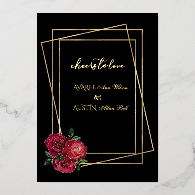Red Glam Roses and Black and Gold Foil Invitation (Front)