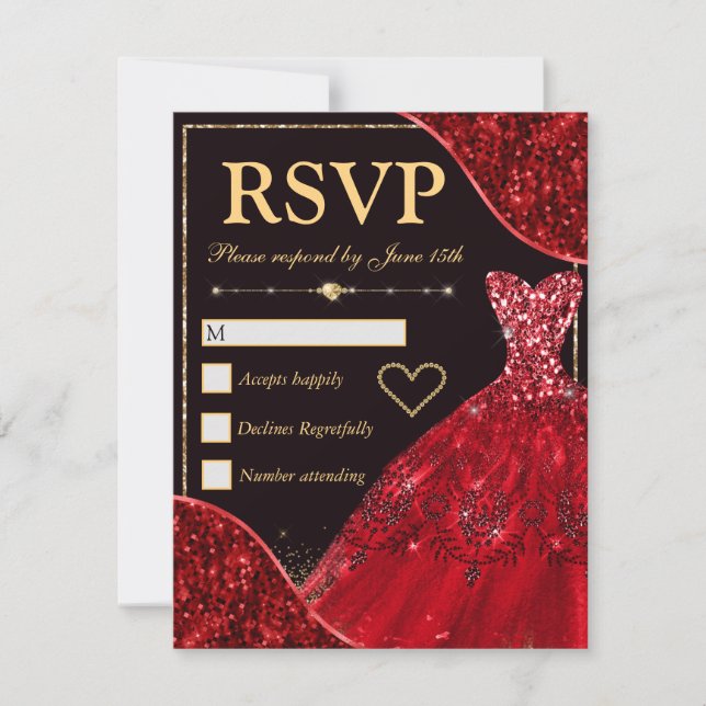 Red Glam Waves & Glitter Dress Sweet Sixteen RSVP Card (Front)