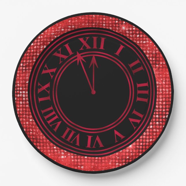 Red Glamourous Diamonds New Year's Clock Paper Plate (Front)