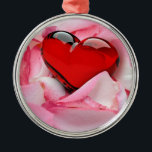 Red Glass Heart Rose Petals Metal Tree Decoration<br><div class="desc">Lovely and romantic illustration featuring a red glass heart on a bed of white-pink rose petals.</div>