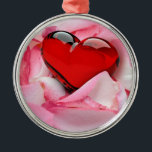 Red Glass Heart Rose Petals Metal Tree Decoration<br><div class="desc">Lovely and romantic illustration featuring a red glass heart on a bed of white-pink rose petals.</div>