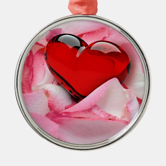 Red Glass Heart Rose Petals Metal Tree Decoration (Front)