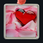 Red Glass Heart Rose Petals Metal Tree Decoration<br><div class="desc">Lovely and romantic illustration featuring a red glass heart on a bed of white-pink rose petals.</div>