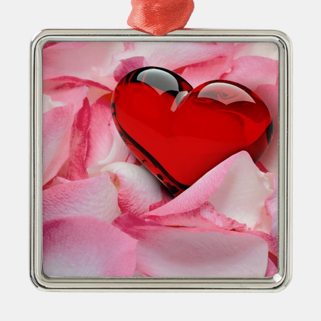 Red Glass Heart Rose Petals Metal Tree Decoration (Front)