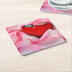 Red Glass Heart Rose Petals Square Paper Coaster
