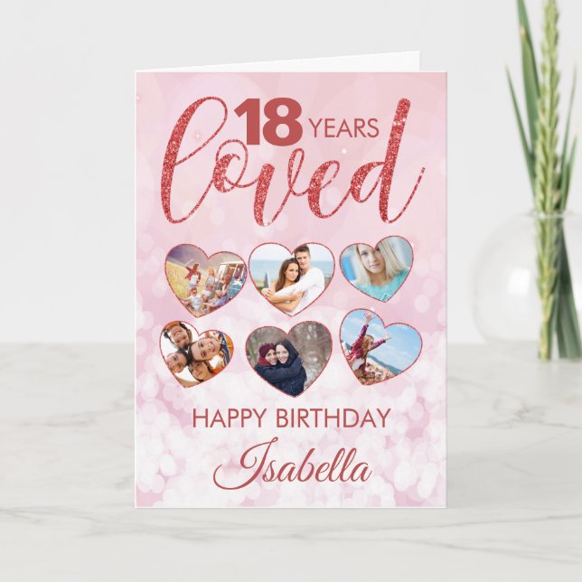 Red Glitter 18th Birthday Photo Collage Card (Front)