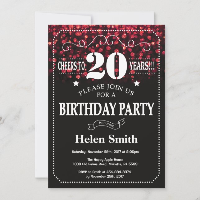 Red Glitter 20th Birthday Invitation (Front)