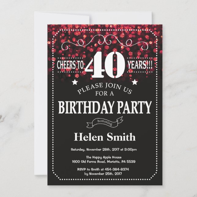 Red Glitter 40th Birthday Invitation (Front)
