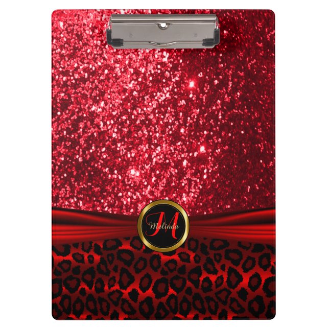 Red Glitter and Leopard Skin Design Clipboard (Front)