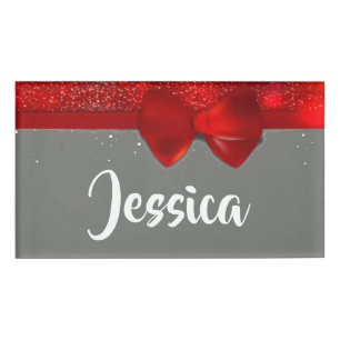 Red glitter and ribbon print name tag