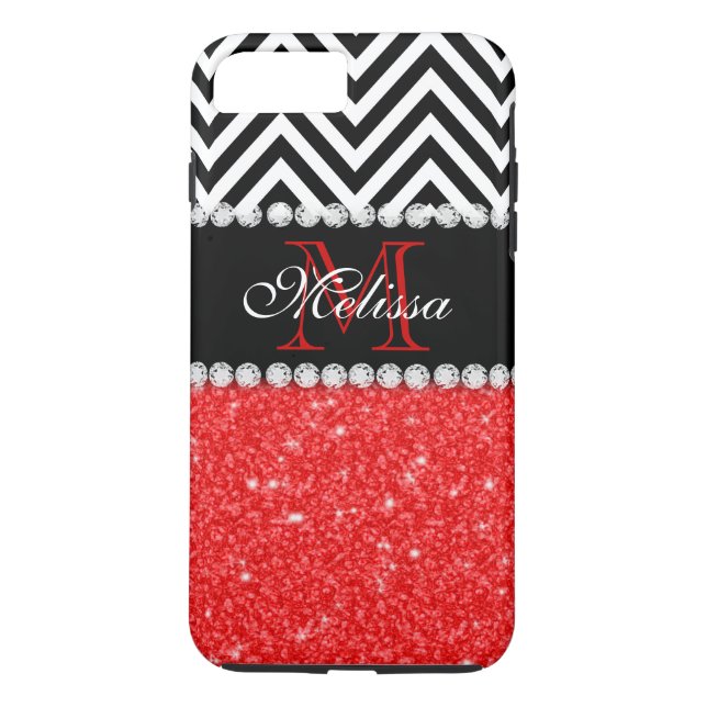 RED GLITTER BLACK CHEVRON STRIPES MONOGRAM Case-Mate iPhone CASE (Back)