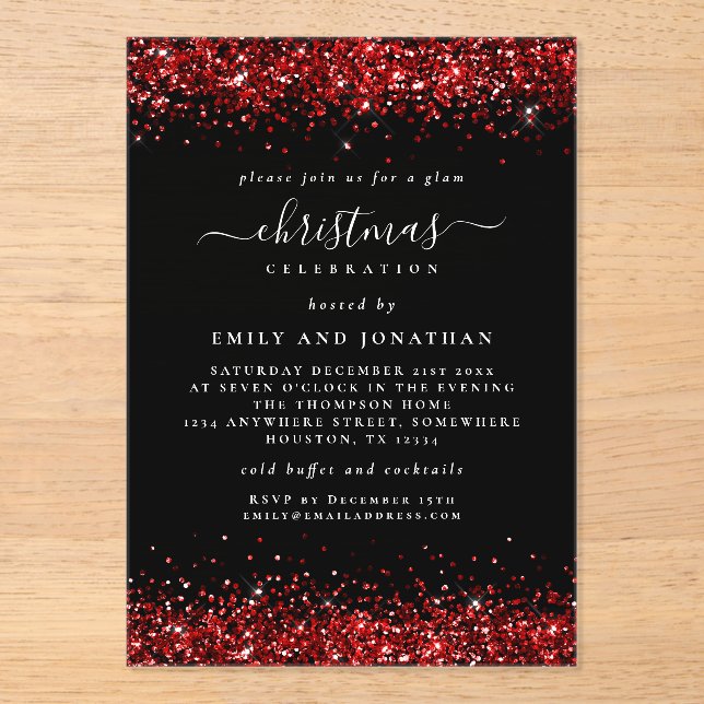 Red Glitter Border Christmas Black Acrylic Invitations (Front)