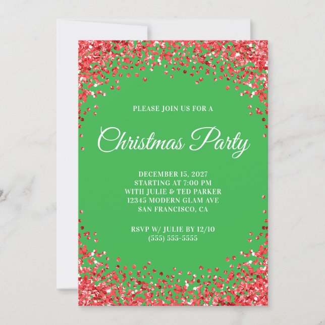 Red Glitter Border Green Christmas Party Invitation (Front)
