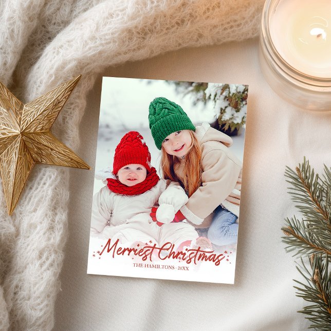 Red Glitter Calligraphy Photo Merriest Christmas Postcard (Creator Uploaded)