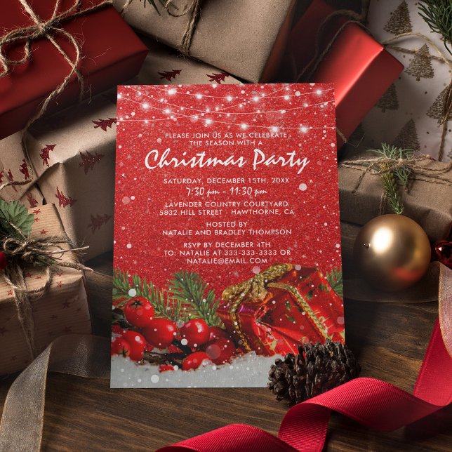 Red Glitter Christmas Holiday Dinner Party Invitation (Creator Uploaded)