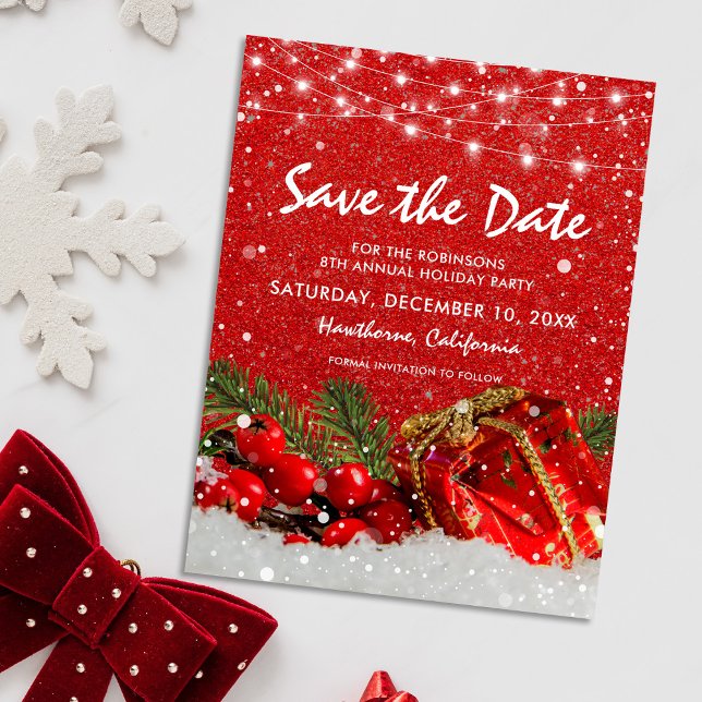 Red Glitter Christmas Holiday Party Save the Date Announcement Postcard (Creator Uploaded)