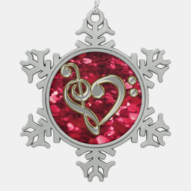 Red Glitter Christmas Music Heart Clef Snowflake Snowflake Pewter Christmas Ornament (Front)