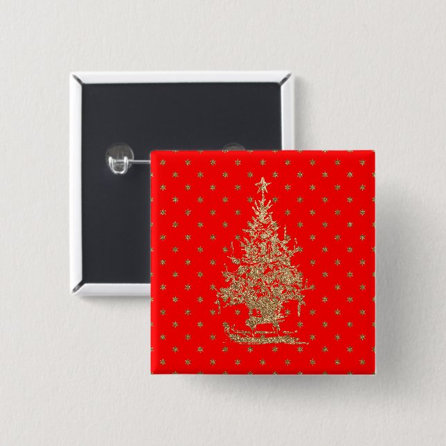 Red glitter christmas tree  15 cm square badge (Front & Back)