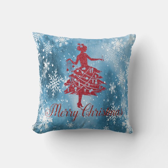 Red Glitter Christmas Tree Girl,Snowflakes Blue Cushion (Front)