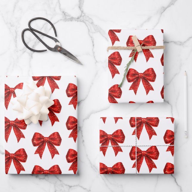 Red Glitter Coquette Bow Christmas  Wrapping Paper Sheet (Front)