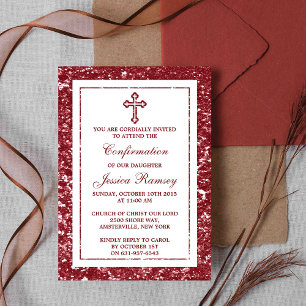 Red Glitter Cross Holy Communion Or Confirmation Invitation
