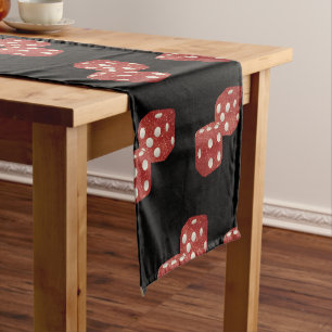 Red Glitter Dice Casino Theme on Black Short Table Runner