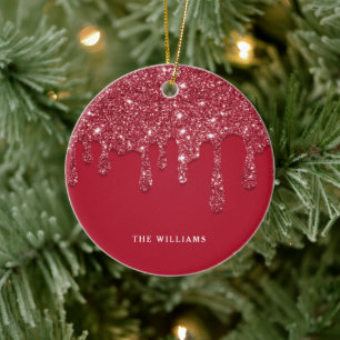 Red Glitter Drip Custom Name Ceramic Tree Decoration