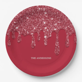 Red Glitter Drip Custom Name Disposable Paper Plate