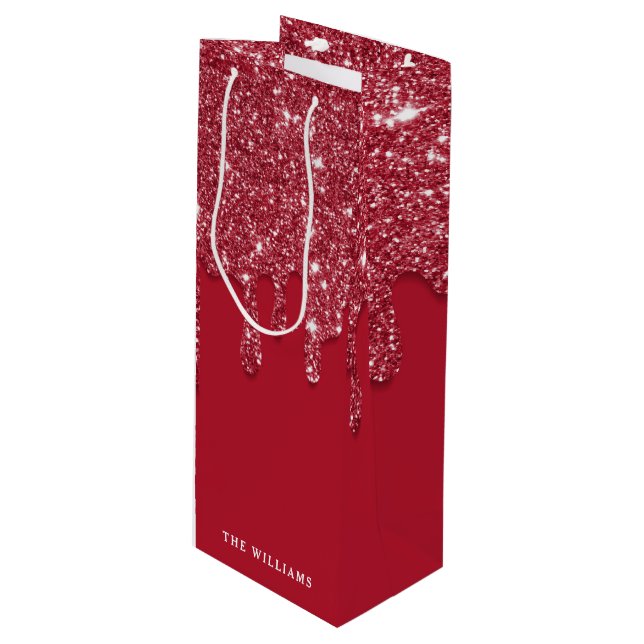 Red Glitter Drip Custom Name  Wine Gift Bag (Front Angled)