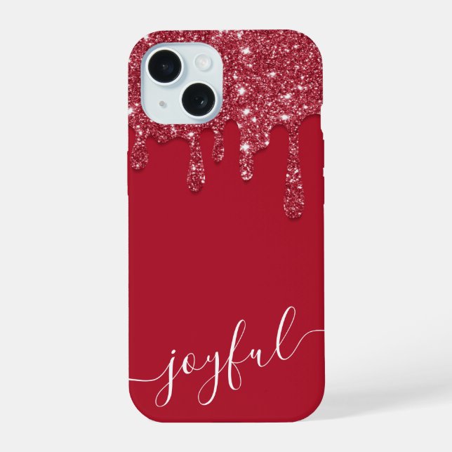 Red Glitter Drip Custom Text or Name iPhone 15 Case (Back)