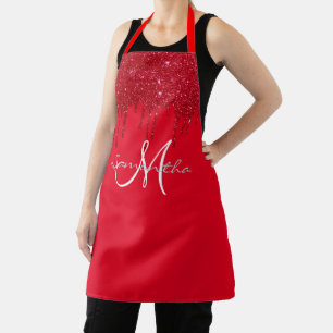 Red Glitter Drips Bold Colourful Monogram Apron